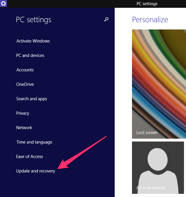 Windows PC settings updates and recover menu