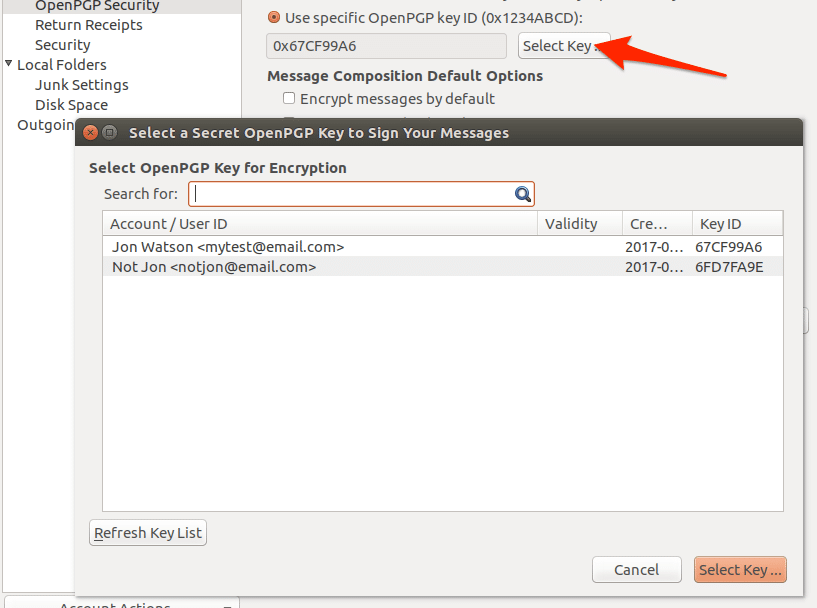 Ubuntu engimail account key selection options