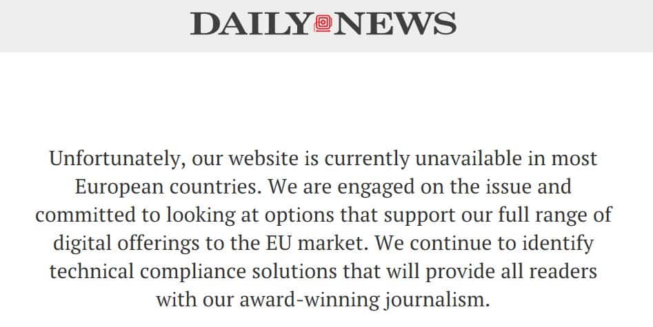 The New York Daily News' GDPR error message.