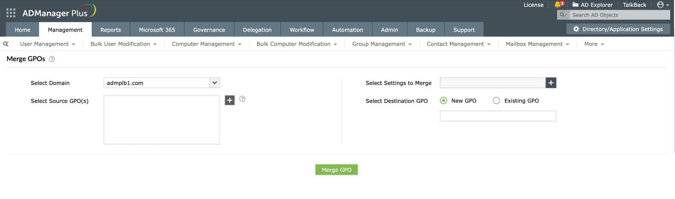 ADManager Plus-Bildschirm zum Zusammenführen von GPOs mit Domänenauswahl und Liste der Quellrichtlinien