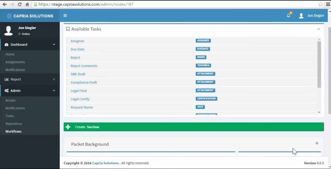 LogicGate screenshot of admin's available tasks