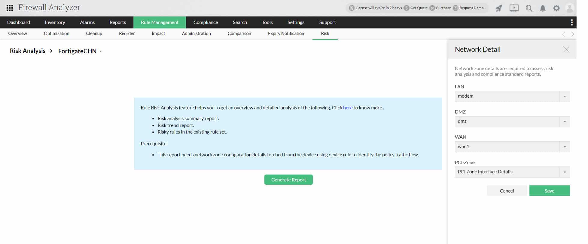 Firewall Analyzer risk analysis report generation screen with network zone details