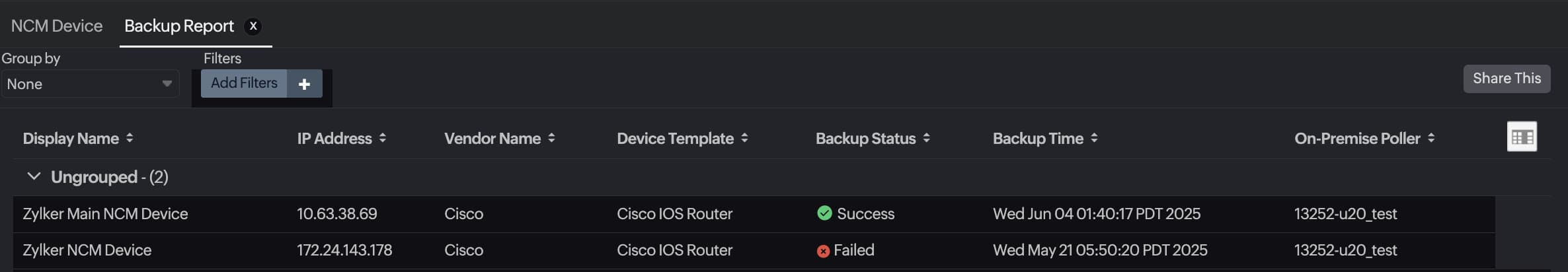 Site24x7 NCM backup report table showing backup status time and device template