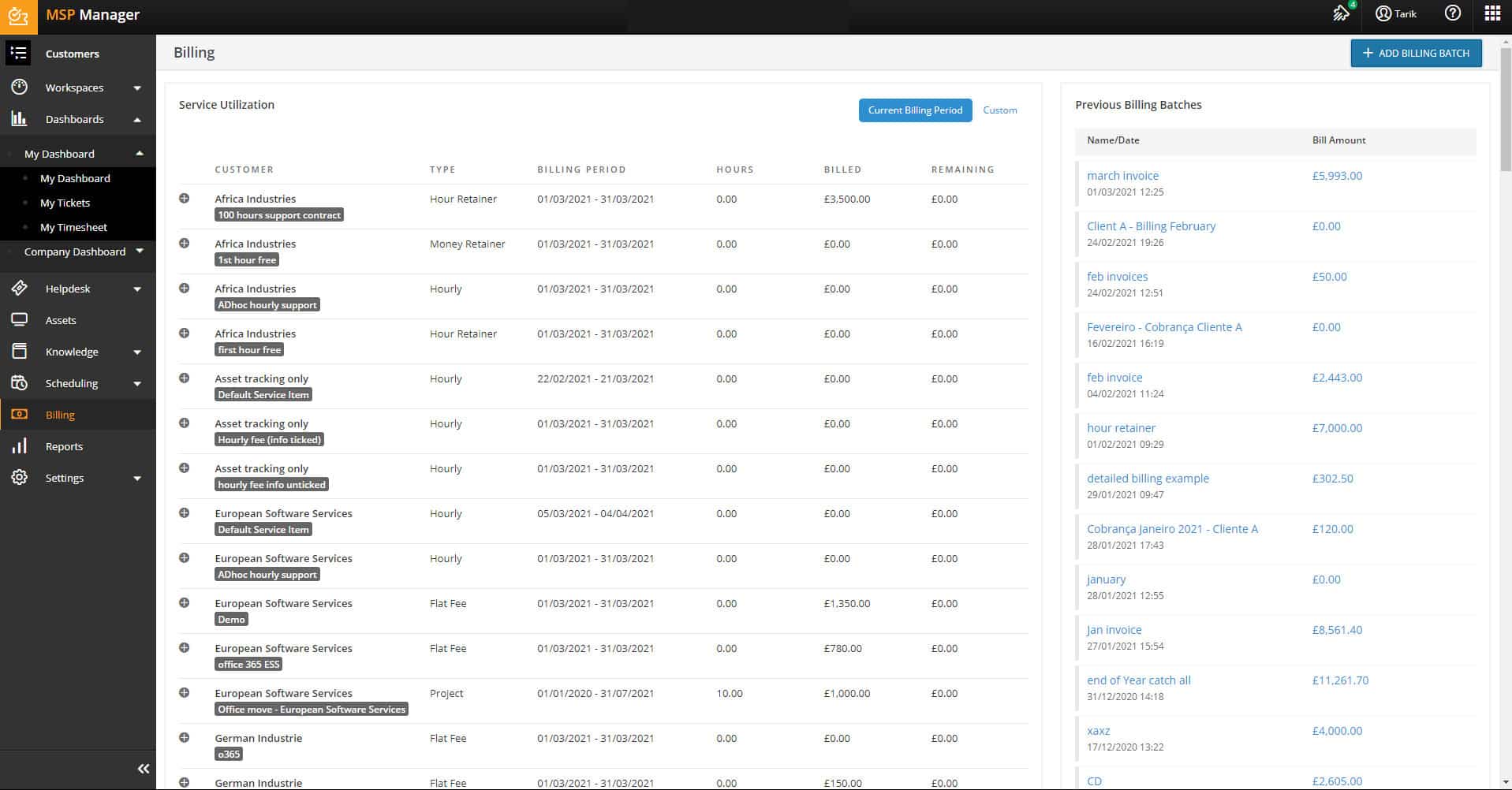 N-able MSP Manager billing dashboard showing service utilization and previous batches