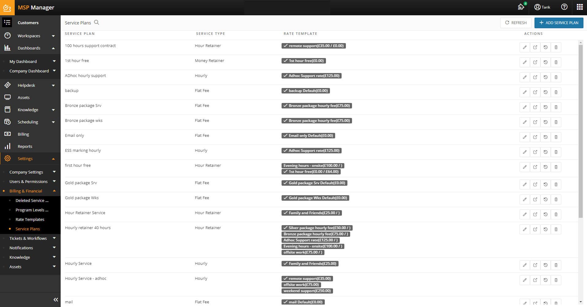 N-able MSP Manager service plans billing screen in PSA interface