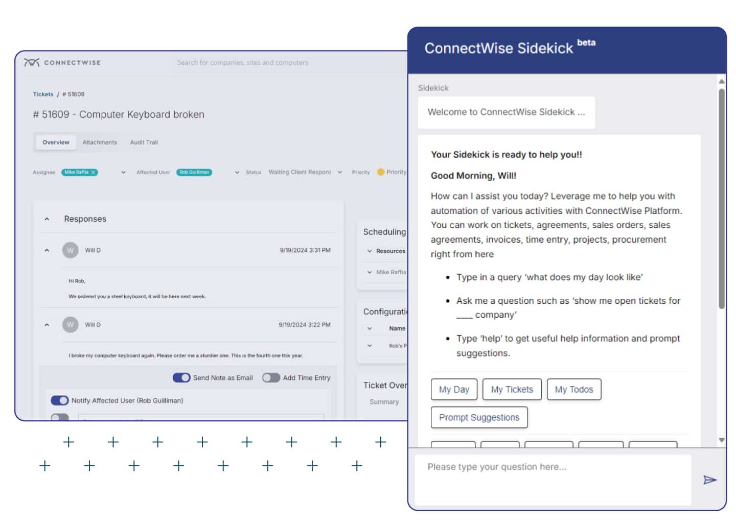 ConnectWise PSA Ticket View With ConnectWise Sidekick Assistant Panel