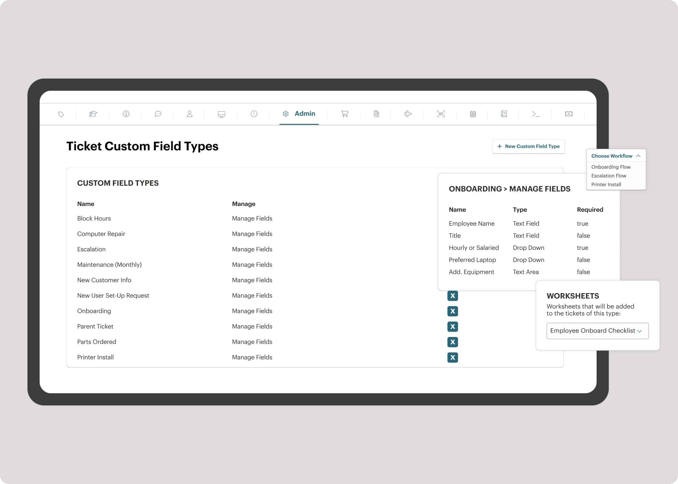 Syncro PSA admin screen showing ticket custom field types list