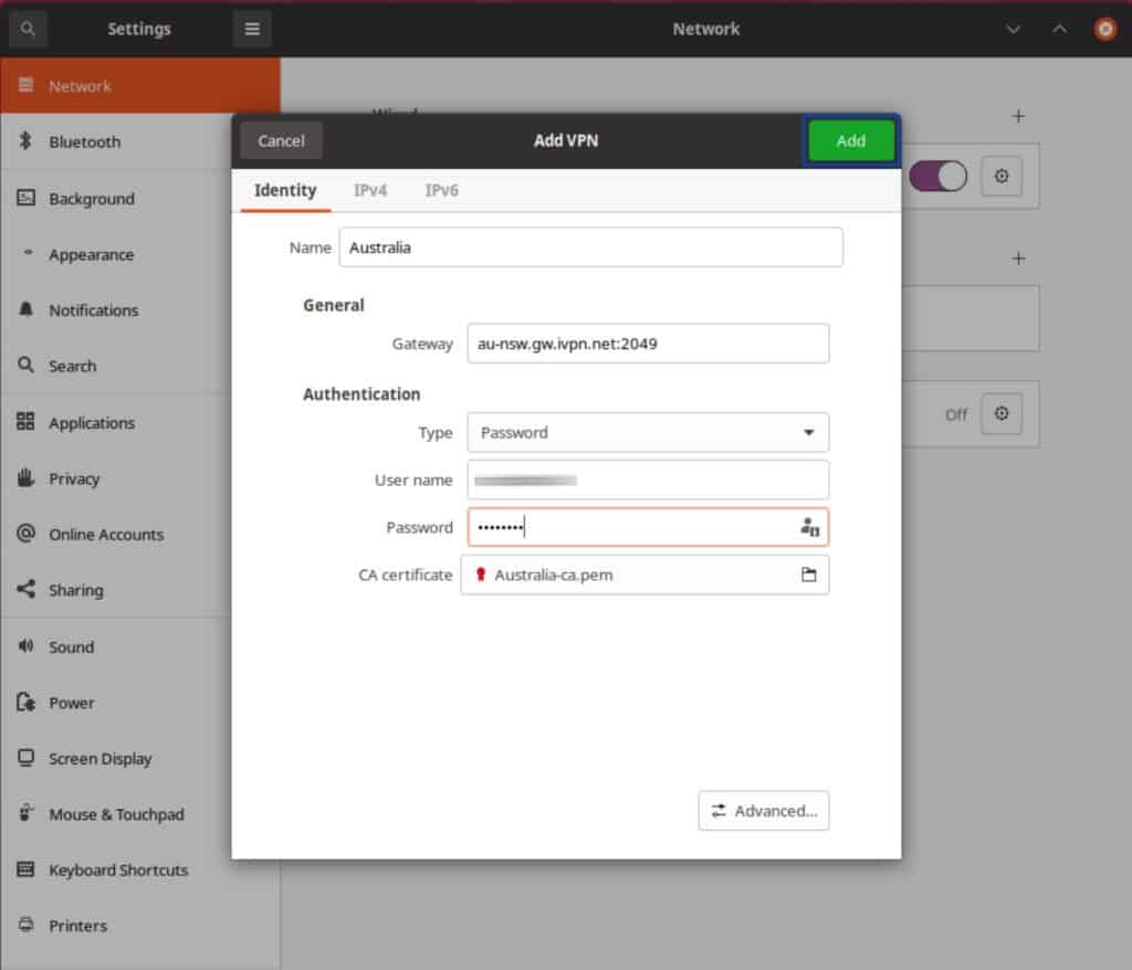 Ubuntu - Click Add VPN