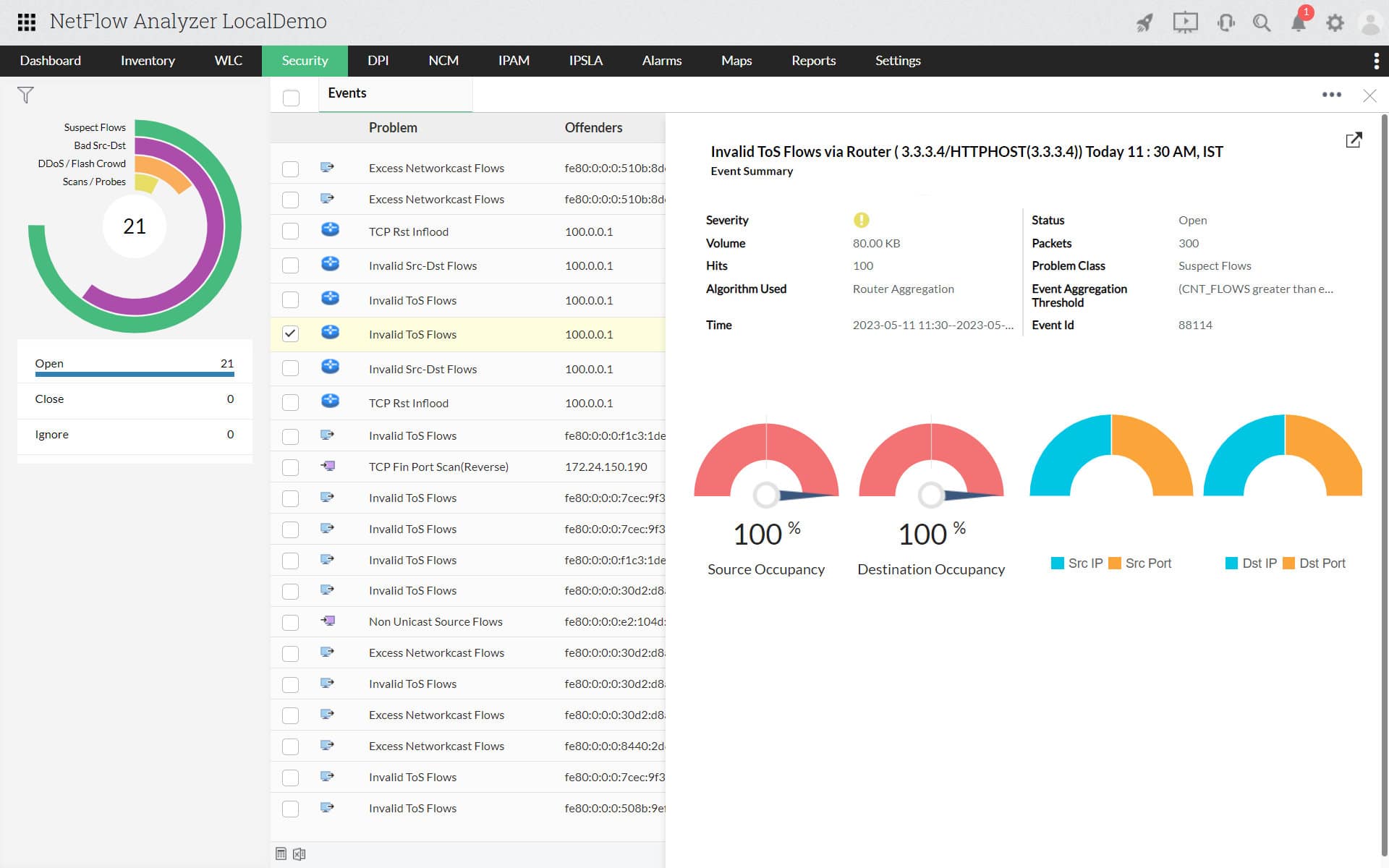 Security events view showing event summary severity occupancy and problem class metrics