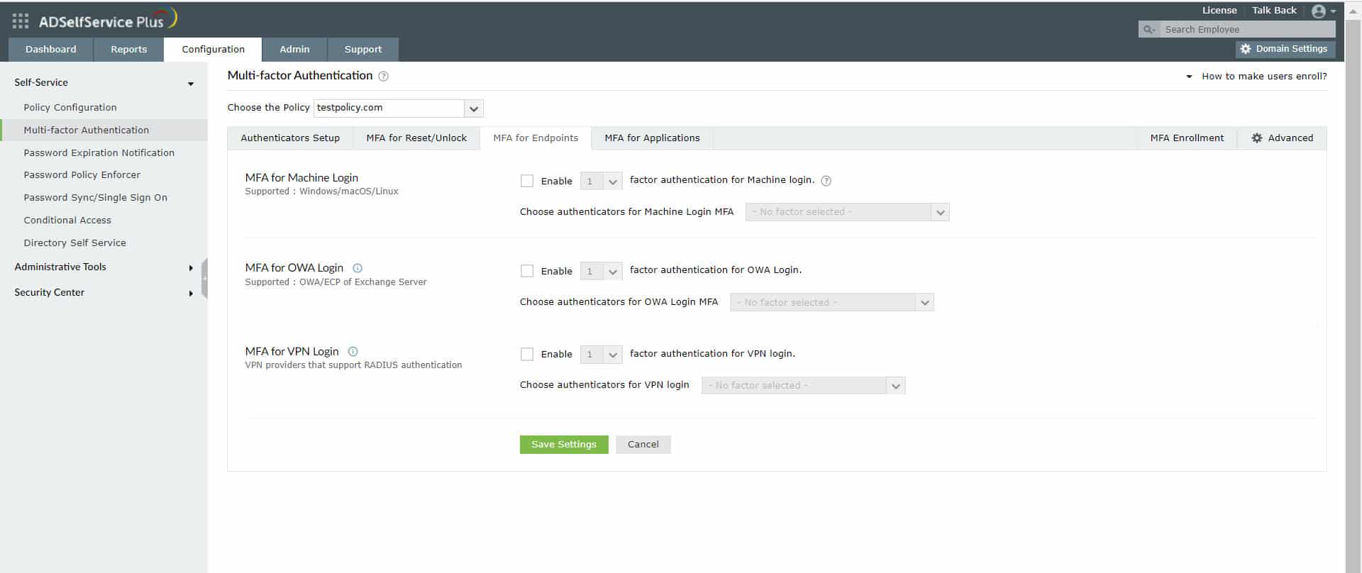 ManageEngine ADSelfService Plus MFA For Endpoints Configuration Screen With Policies