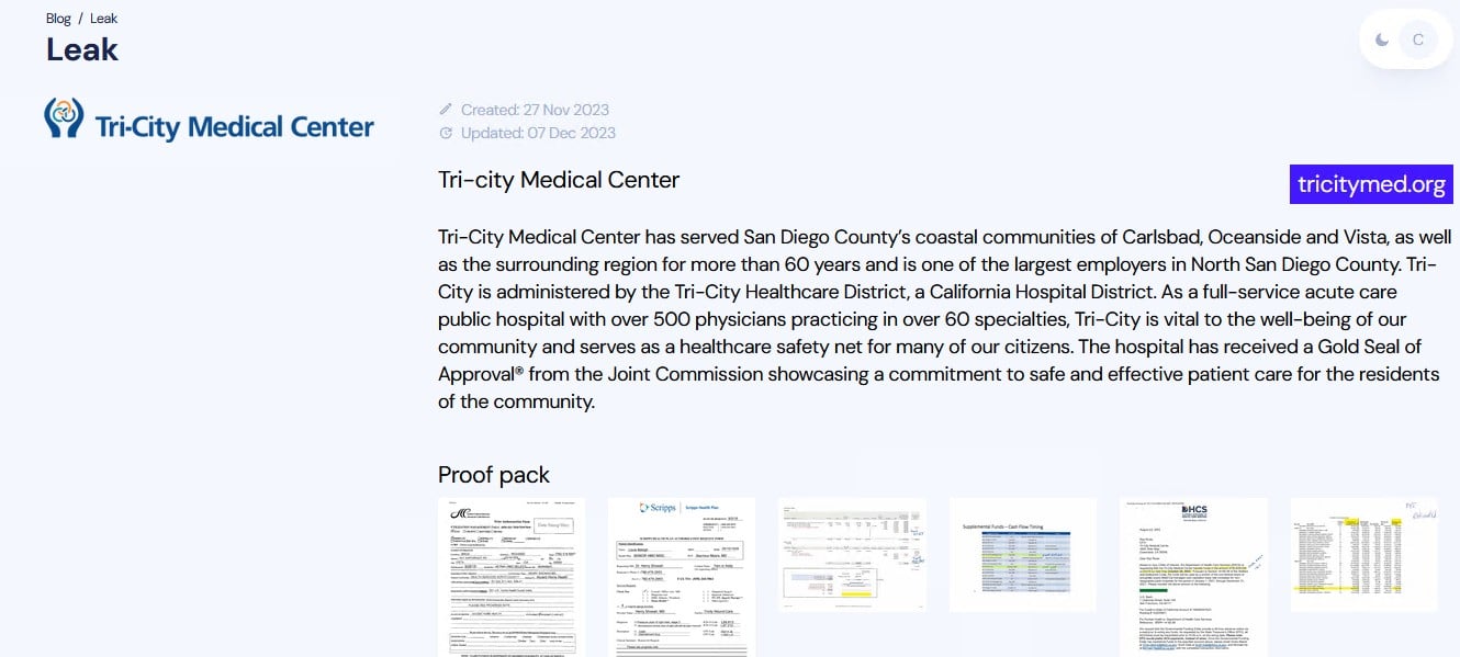 INC ransomware claim on Tri-City Medical Center