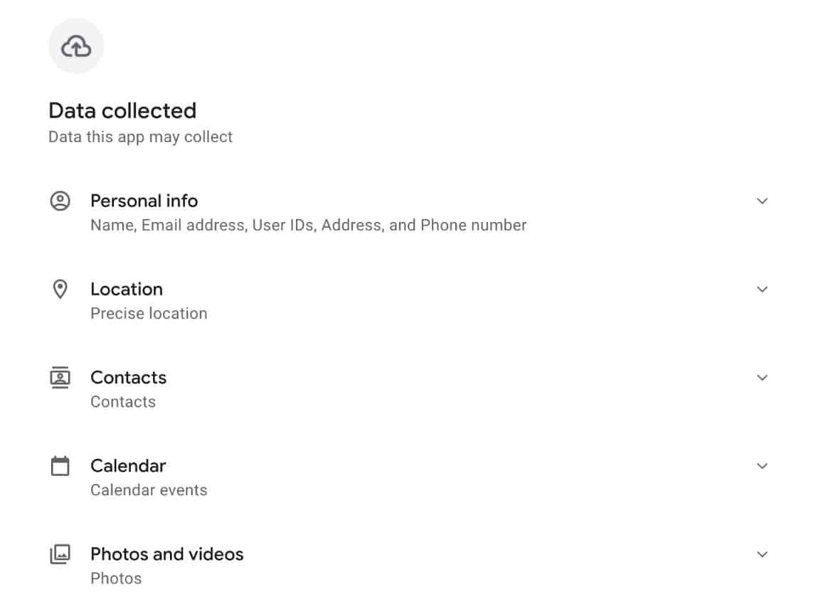Google Play apps data collection section
