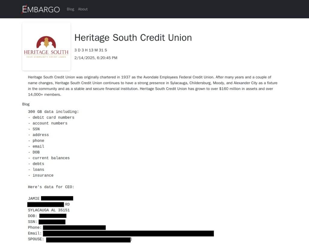 Embargo lists Heritage South Credit Union on its website.
