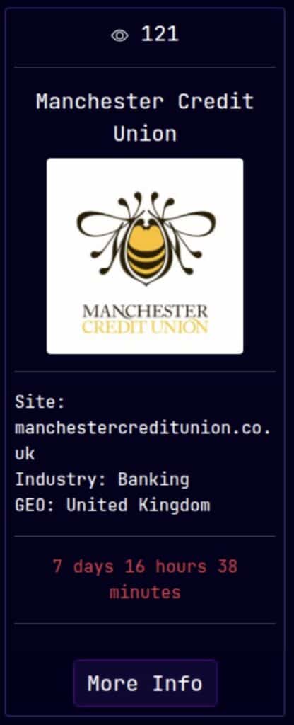 Sarcoma lists Manchester Credit Union on its data leak site.
