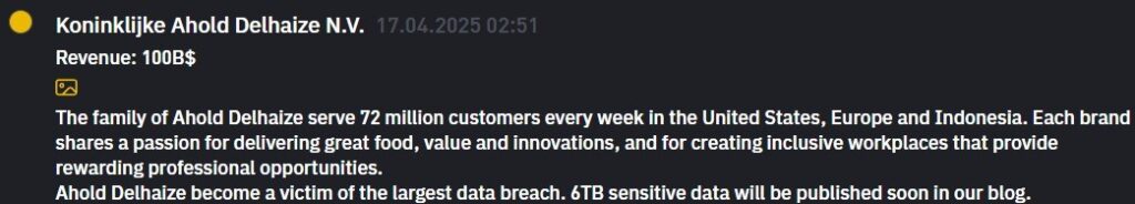 Inc lists Ahold Delhaize on its data leak site.