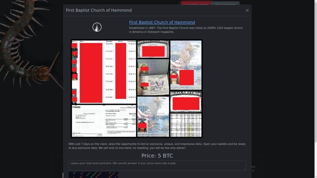 Rhysida lists First Baptist Church of Hammond on its data leak site.