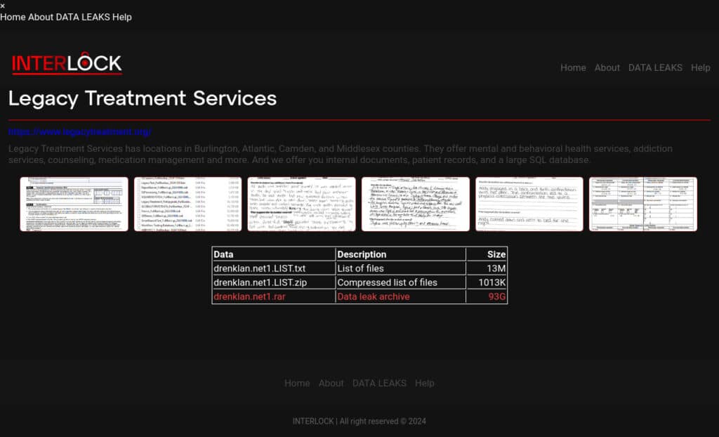 Interlock lists Legacy Treatment Services on its data leak site.