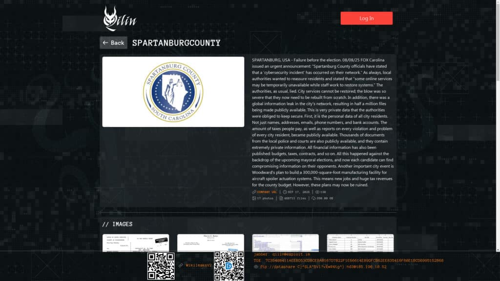 Qilin lists Spartanburg County on its data leak site.
