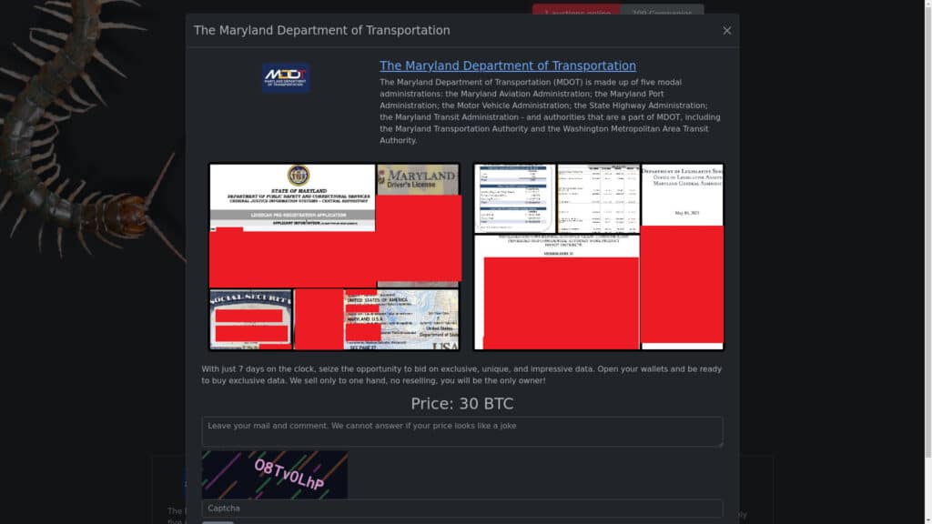 Rhysida lists the Maryland Department of Transportation on its data leak site.