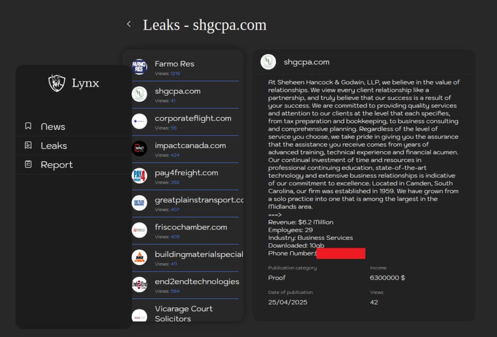 Lynx lists Sheheen, Hancock & Godwin on its data leak site.