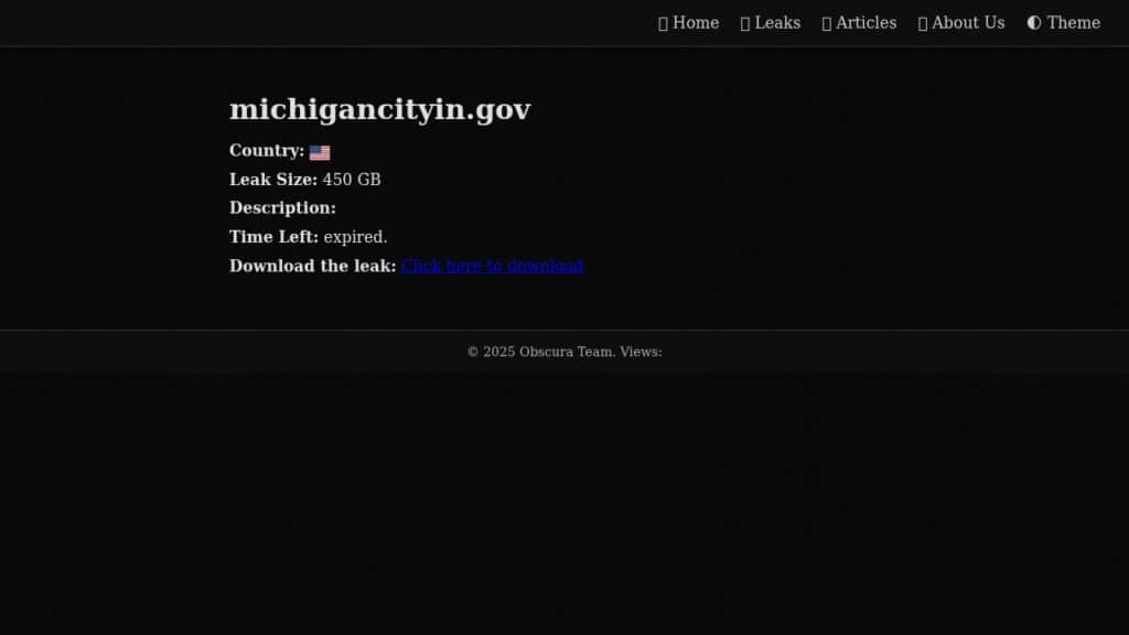 Obscura lists Michigan City on its data leak site.