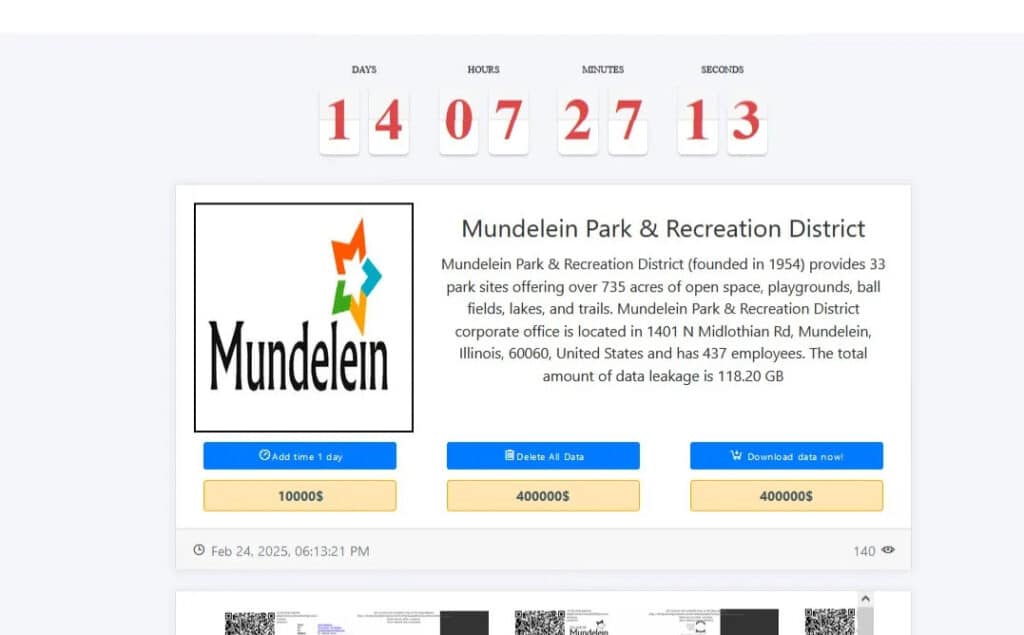 Medusa lists Mundelein Park and Recreation District on its data leak site.