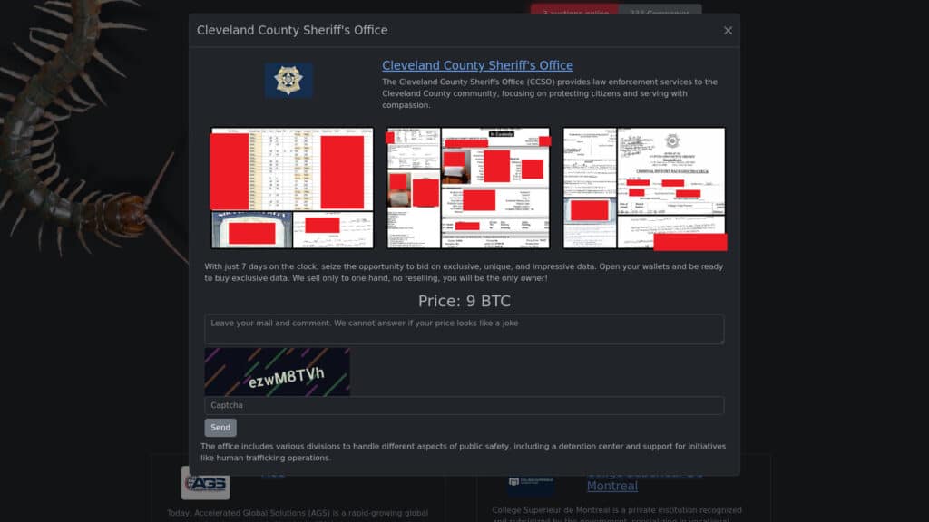 Rhysida lists the Cleveland County Sheriff's Office on its data leak site.