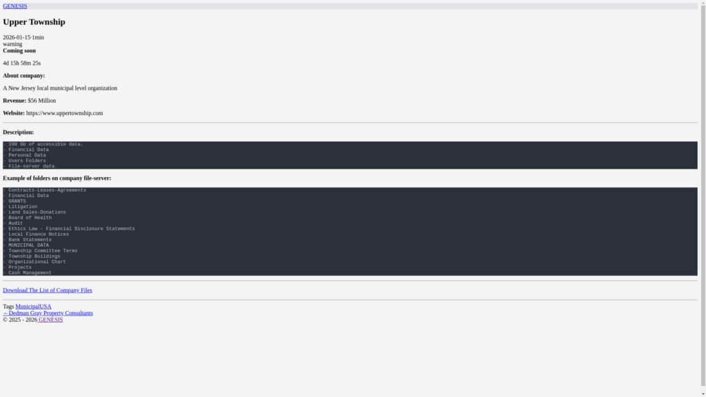 Genesis lists Upper Township, NJ on its data leak site.