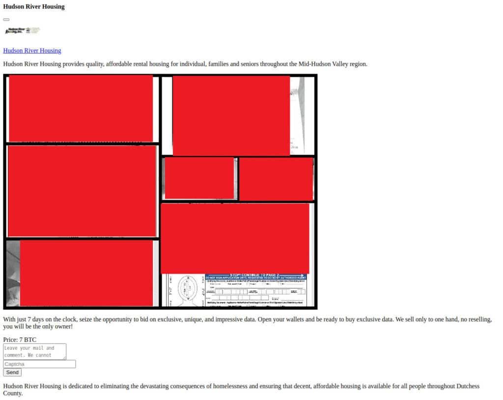 Rhysida lists Hudson River Housing on its data leak site.