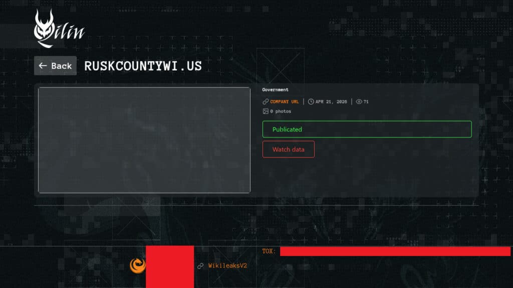 Qilin lists Rusk County, WI on its data leak site.
