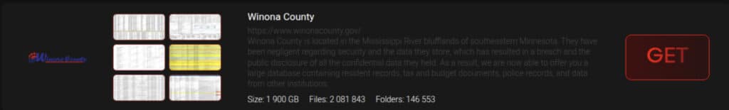 Interlock lists Winona County, MN on its data leak site.