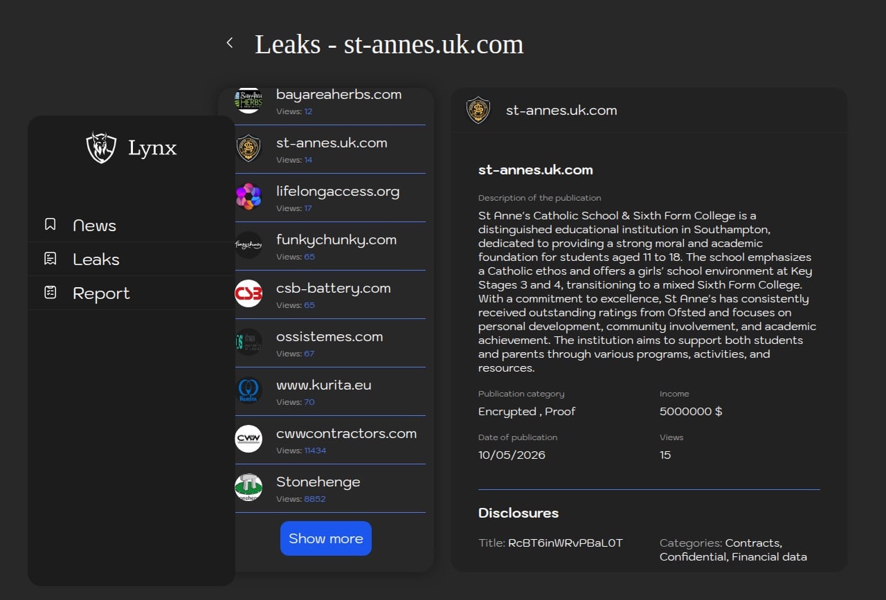 St Anne's Catholic School added to Lynx's data leak site