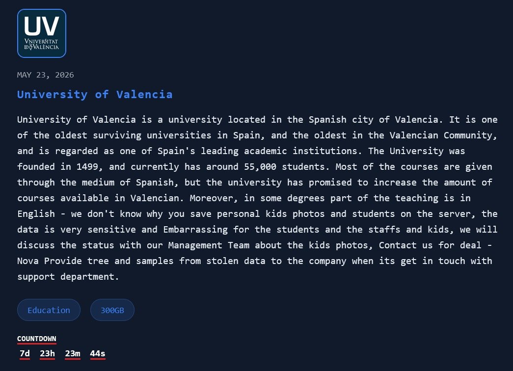 University of Valencia added to Nova's data leak site