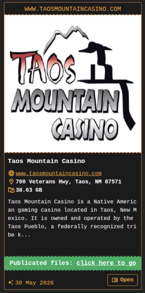 DragonForce lists Taos Mountain Casino on its data leak site.